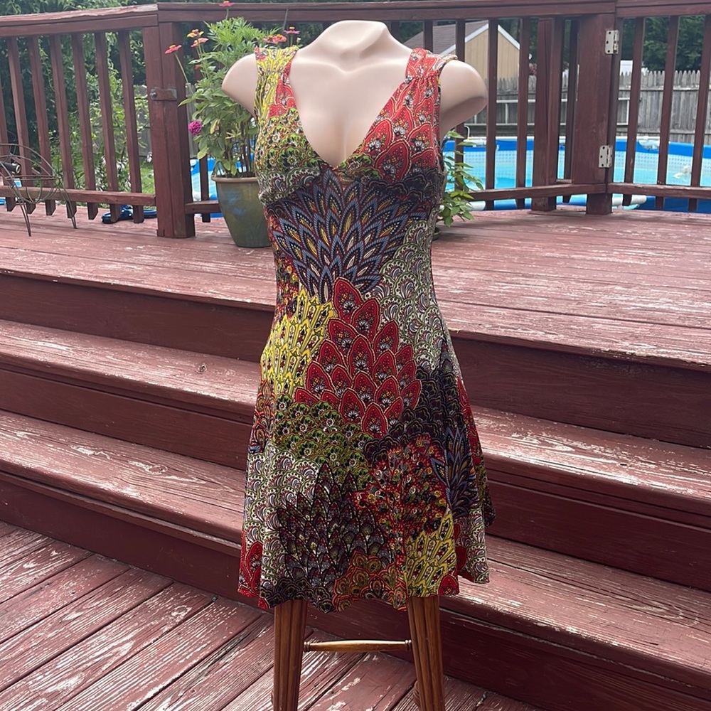 MT Collection Size Small Padded Bra V Neck Super Colorful Stretch Dress - WOW!!!